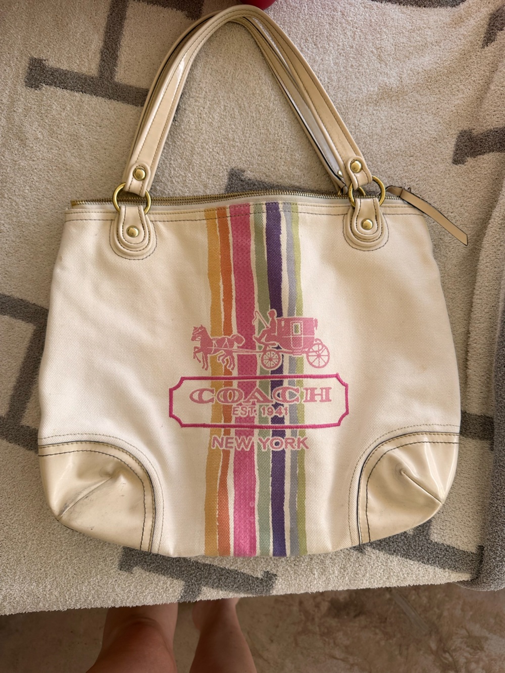Coach Cream Canvas stripped poppy Tote with Pink & Multicolor Stripe Logo